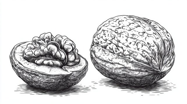 Monochrome Pencil Drawing of Black Walnut Shell, Core, and Whole Nut Shape on White Background