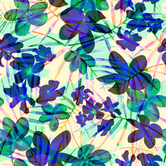 Blue loud tropical flowers seamless pattern, watercolor hand drawn texture © AineGing