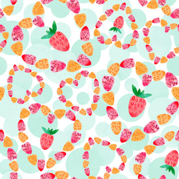 Seamless watercolor pattern with strawberries and hearts