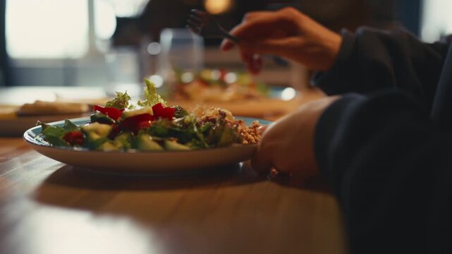 Close-up of a woman coming to a wooden table and eating dinner with a fork, poking a lettuce leaf from a plate with buckwheat, fried onions, and fresh vegetable salad with bell peppers and cucumbers.