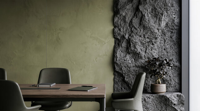 modern minimalist meeting room interior with sage green wall and rough black volcanic rock feature panel wooden conference table and office chairs
