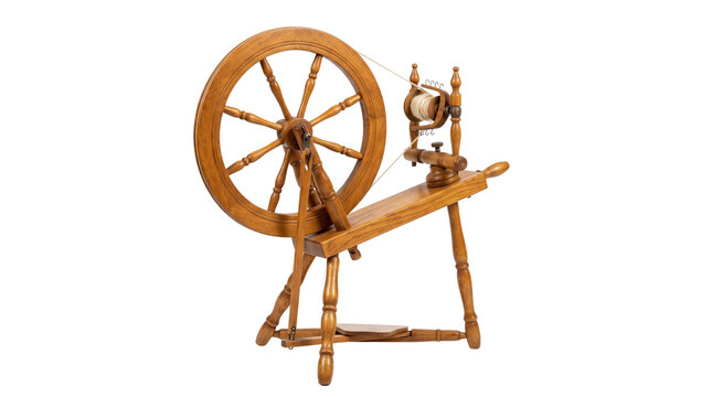 Vintage wooden spinning wheel for yarn making, traditional antique spinning wheel tool, historical textile craft equipment isolated PNG with Transparent Background