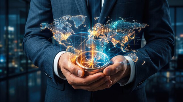 Businessman holding glowing compass projecting digital world map network representing global navigation strategic corporate direction foreign market trade success vision