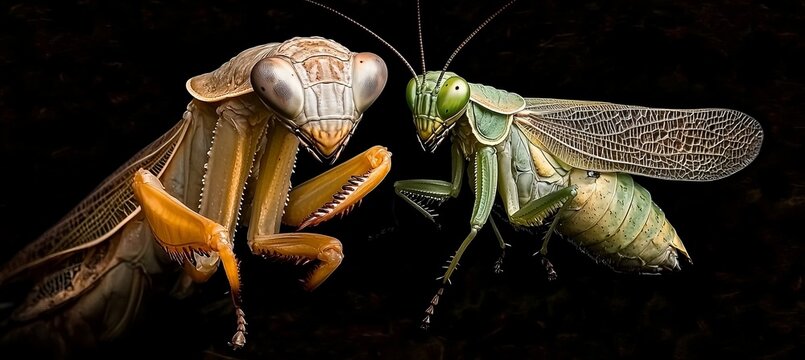 A Mantis Standing Beside a Green Cricket Showing Beautiful Insect Wildlife Details on Black Screen