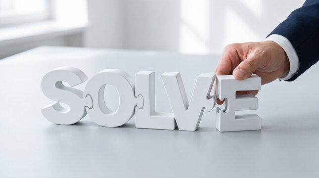 Businessman hand inserting interlocking puzzle letter piece E into word solve placed on white table surface in bright contemporary office