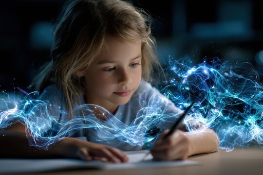 Child writing creatively with a magical swirl of colors in a dimly lit room at night