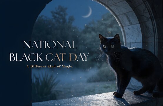 Black cat standing on a stone ledge at night under a crescent moon
