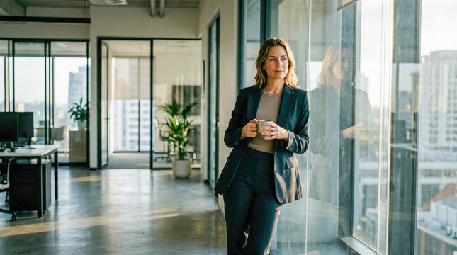 Thoughtful businesswoman holding ceramic coffee cup leaning against glass window inside modern corporate skyscraper office building overlooking city skyline view