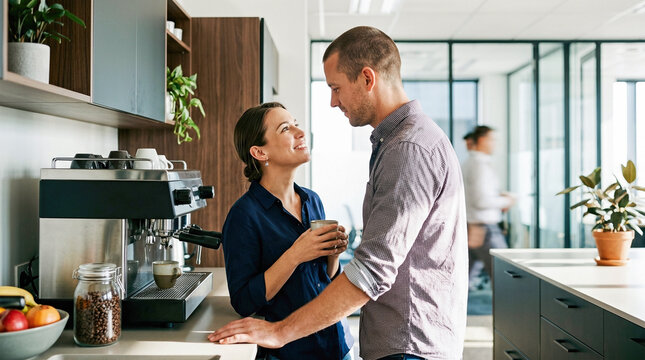 Man and woman gazing intimately into each others eyes while drinking coffee near espresso machine in modern workplace kitchen area