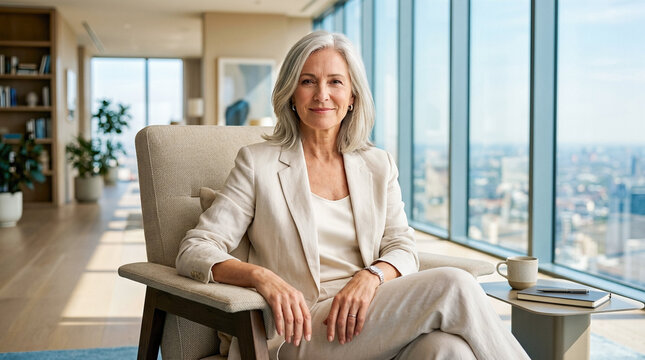 Smiling mature businesswoman with grey hair wearing beige suit sitting comfortably in armchair inside modern penthouse office overlooking city window view