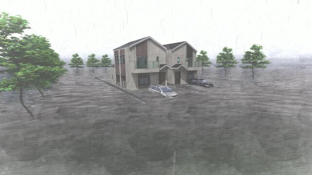 津波や洪水で浸水した住宅と周辺の風景｜水害を表現した3DCGアニメーション