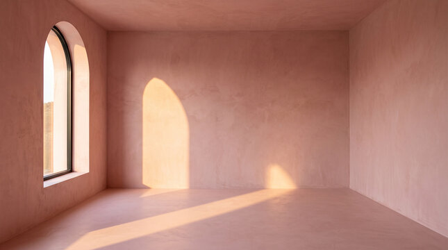 Pink microcement room with arched window and golden afternoon light patch, empty interior backdrop with copy spac
