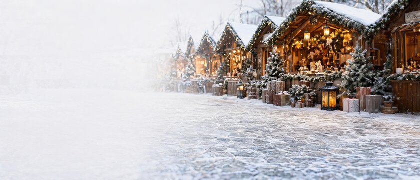 Evening Outdoor Christmas Fair Market Scene with Illuminated Stall Rows in Snowy European Square.