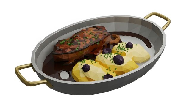Low poly 3D illustration of braised beef with gravy and buttery potatoes in a golden-handled pan.