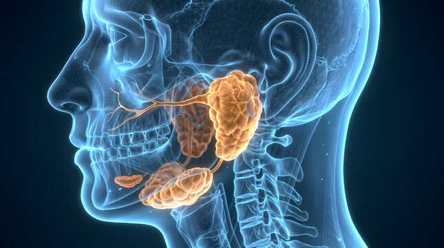 A detailed medical illustration showcasing the human salivary gland system including parotid, submandibular, and sublingual glands within a translucent holographic human head model, ideal for medic...