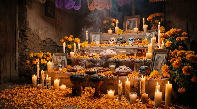 Traditional Mexican Day of the Dead ofrenda altar with marigold flowers, candles and copal smoke