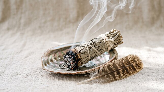 Smoldering white sage smudge stick in abalone shell with sacred ceremonial feather for smudging
