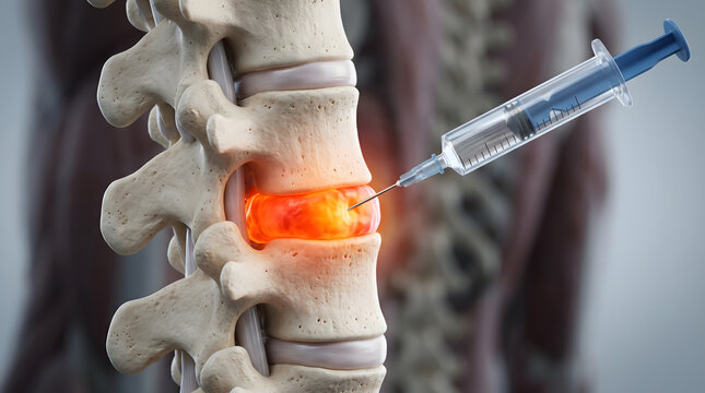 A detailed medical illustration depicting a clinical procedure where a syringe delivers an injection into an inflamed spinal disc to provide relief for chronic lower back pain, sciatica, and lumbar...