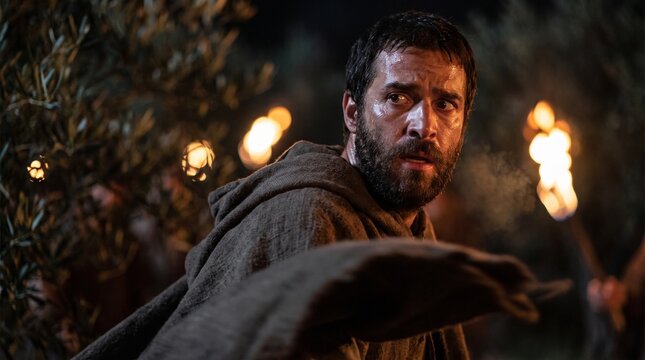 Frightened disciple with a flying cloak turns to look back in fear as torchlights glow at night, depicting the arrest of Jesus in Gethsemane from the New Testament.