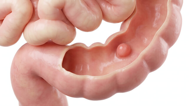 Accurate 3D medical illustration showcasing a colon polyp located inside the large intestine. This detailed anatomical rendering highlights a common digestive health condition, offering a clear vis...