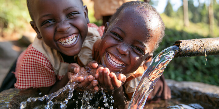 Two young African children laughing with joy as they drink fresh water from a rustic pipe. Their faces are beaming with happiness and gratitude, showcasing the simple pleasures of life