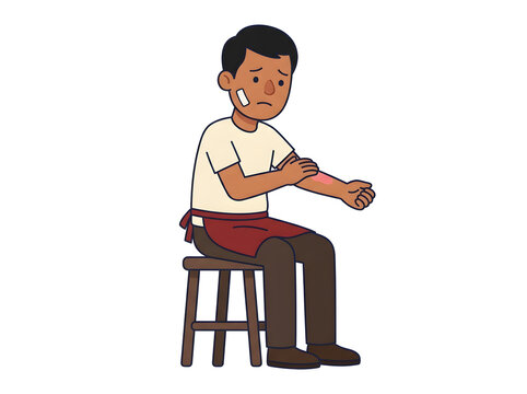 Flat vector illustration of a sad young male service worker wearing an apron, sitting on a wooden stool while looking at his injured arm with a skin rash or burn