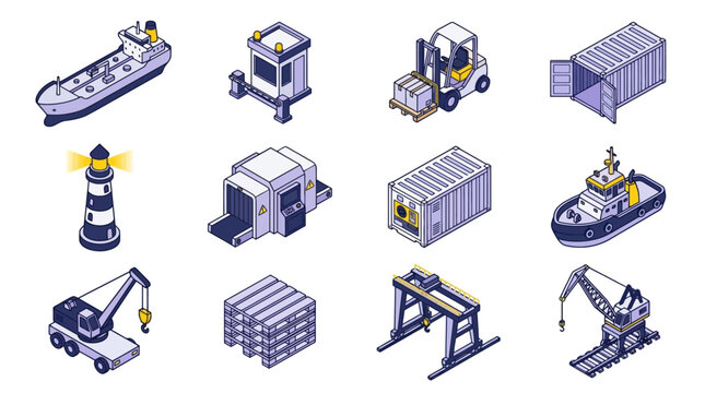 Elegant Isometric Illustrations of Maritime and Logistics Equipment in Blue Yellow and Gray Color Palette