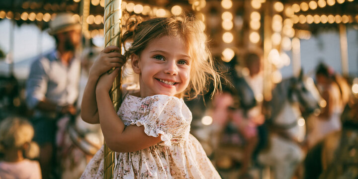 A little girl with blonde pigtails smiles broadly as she rides a carousel at sunset, her hand holding onto the pole