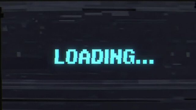 Retro pixel loading screen with glitch effect on dark background. 4K Alpha Channel