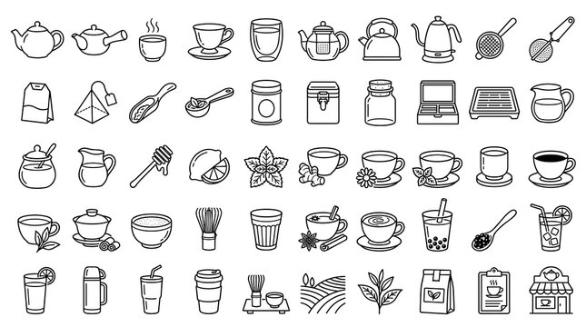 50 Premium Tea Outline Icons Featuring Traditional Tea Service Herbal Infusions Matcha Chai Bubble Tea and Modern Drinkware

