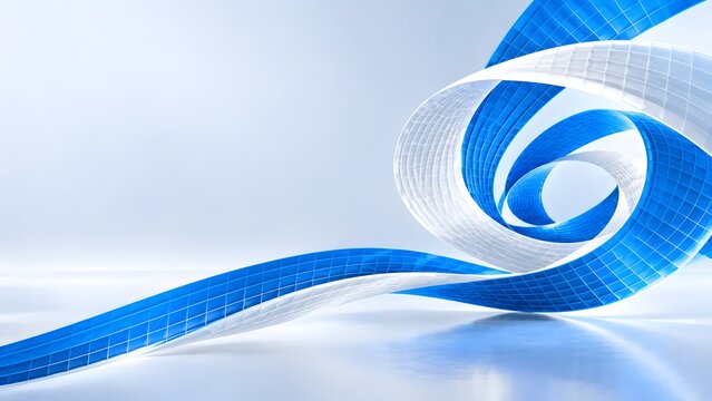 An elegant swirling blue ribbon design element set against a soft white and light blue gradient backdrop ideal for corporate branding projects