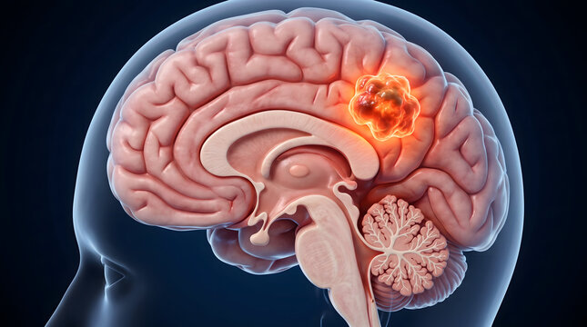 Detailed 3D medical illustration showcasing a malignant brain tumor within the human cerebrum, representing neurological disease, cancer, and health challenges. Ideal for medical presentations, edu...
