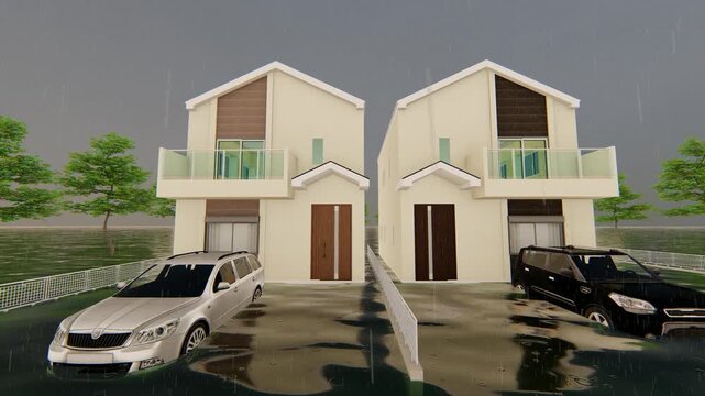 津波や洪水で浸水した住宅と周辺の風景｜水害を表現した3DCGアニメーション