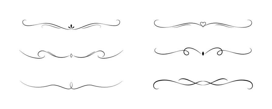 Collection of elegant calligraphic text dividers and flourishes. Vintage black decorative border lines, swirls, and page ornaments. Graphic separator elements PNG