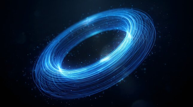 Abstract glowing blue light trails in torus shape with particles