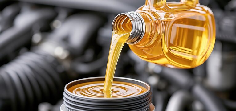 Golden motor oil being poured into a car engine, highlighting vehicle care and improved engine efficiency.