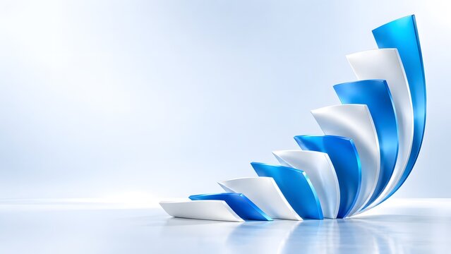 A vibrant abstract design featuring dynamic blue and white ribbons gracefully flowing in a beautiful spiral formation on a soft light gradient backdrop