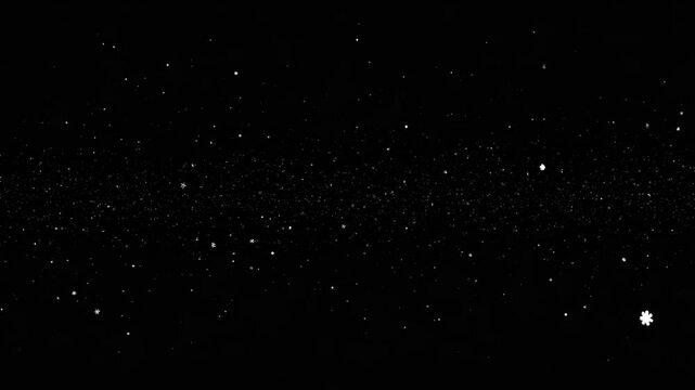 黒地を右へ漂う無数の白い雪の結晶形の粒 シームレスループ動画背景 16:9 4K