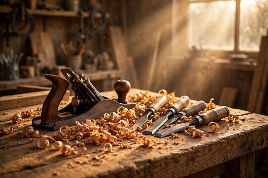 Carpenter's workbench with hand plane, chisels and wood shavings in warm workshop light