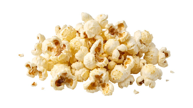 Pile of crispy buttery popcorn for movie night snacking, delicious salted popped corn kernels for cinema theater party menu, isolated transparent background cutout PNG graphic element design