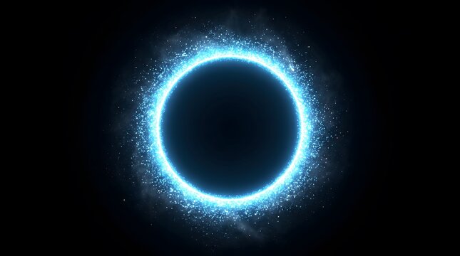 Bright blue glowing circle magic portal with sparkling particles and smoke effect on black background futuristic tech ring design and scifi energy tunnel