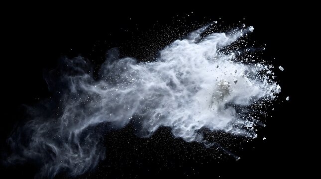 White flour powder explosion frozen in motion on black background dynamic cloud of fine dust or chalk particles bursting outward