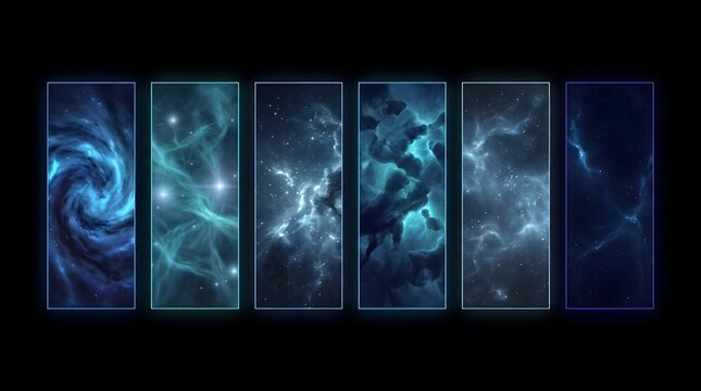 Set of six vertical space banners with glowing blue nebulae, distant star clusters, and deep cosmic dust clouds against a black background