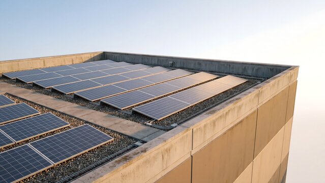 Rows of solar panels installed on a flat building rooftop under a clear sky, supporting renewable energy, rooftop solar power and sustainable clean electricity for commercial property