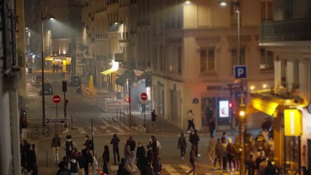 Protesters gathering in paris street at night during demonstration
