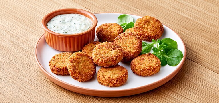 On a textured wooden surface, golden chickpea fritters sit in a ceramic dish with creamy herb sauce and fresh greens.