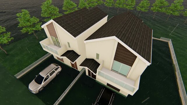 津波や洪水で浸水した住宅と周辺の風景｜水害を表現した3DCGアニメーション