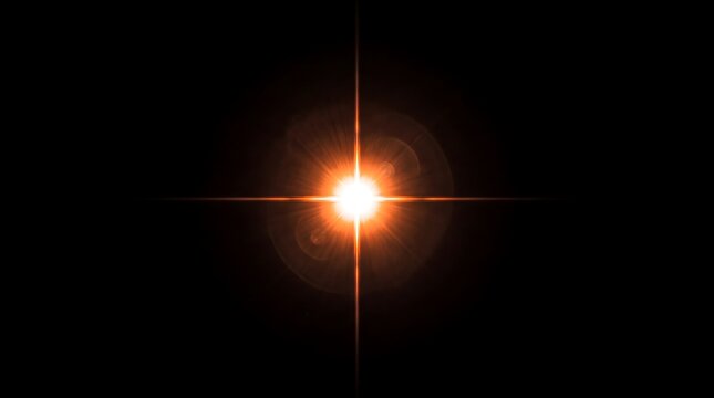 Bright glowing star or sun burst with lens flare effect on a deep black background, abstract cosmic light explosion in space