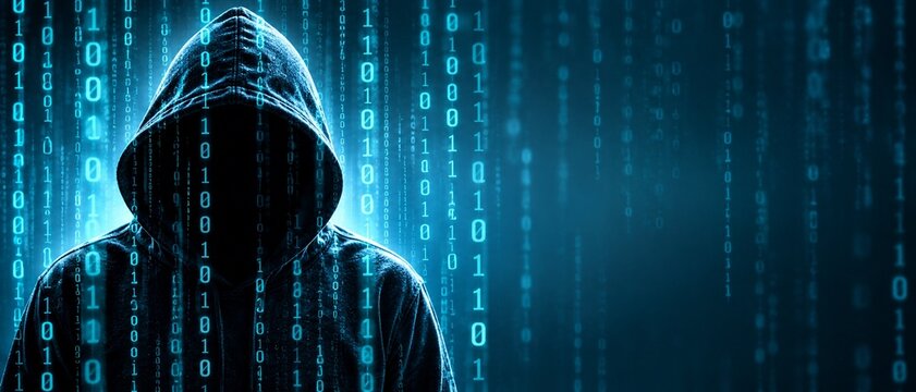 Hooded figure in digital rain with binary code on dark background