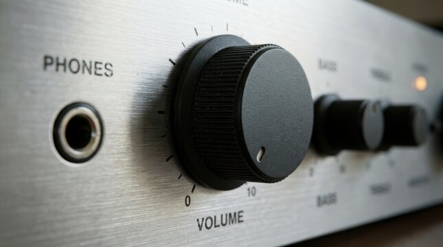Closeup of a brushed metal audio amplifier front panel with a large black volume control knob and headphone jack